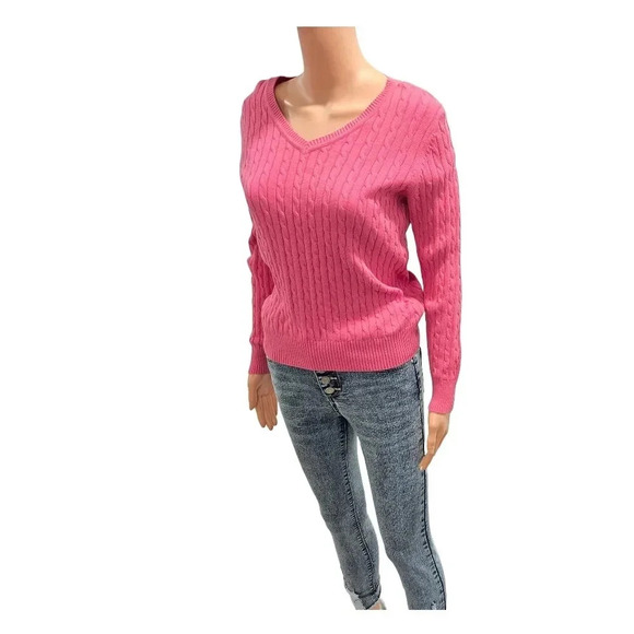 Women's Cable Knit V-Neck Sweater - Vibrant Pink, Size xs - Picture 5 of 13